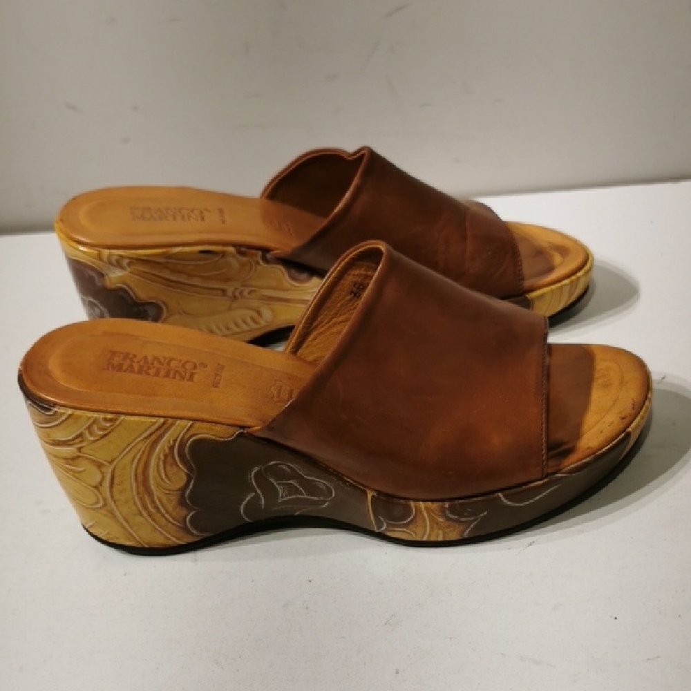 Franco Martini Leather Criss Cross Multi-color Painted Cork Wedge Slide
